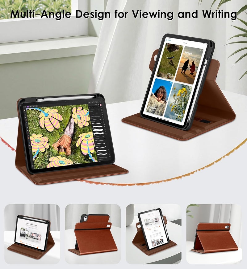 DTTO for iPad A16 Case, iPad 11th / 10th Generation Case (2025/2022), 360 Degree Rotating Premium Leather Folio Stand Cover with Pencil Holder, Brown - Image 2